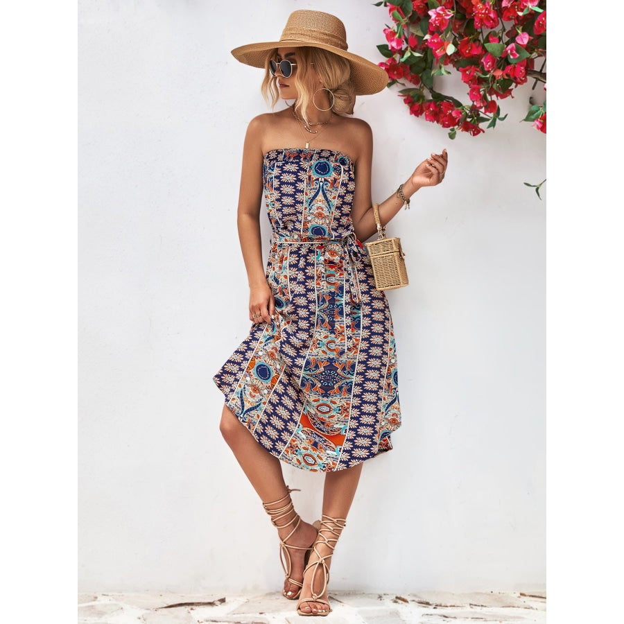 Printed Strapless Tie Belt Dress