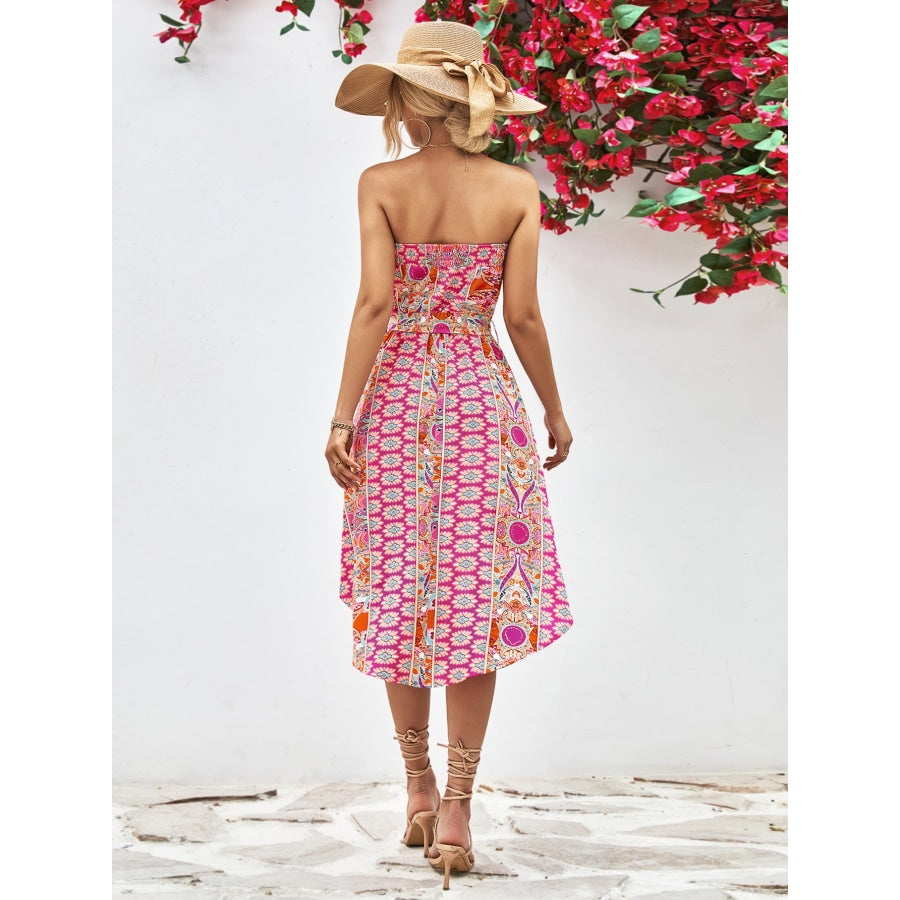 Printed Strapless Tie Belt Dress