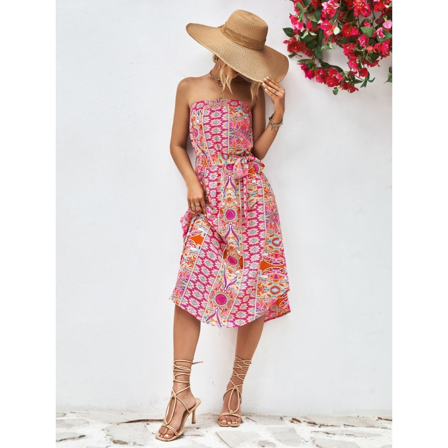 Printed Strapless Tie Belt Dress