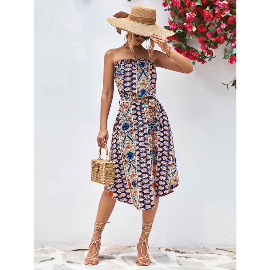 Printed Strapless Tie Belt Dress