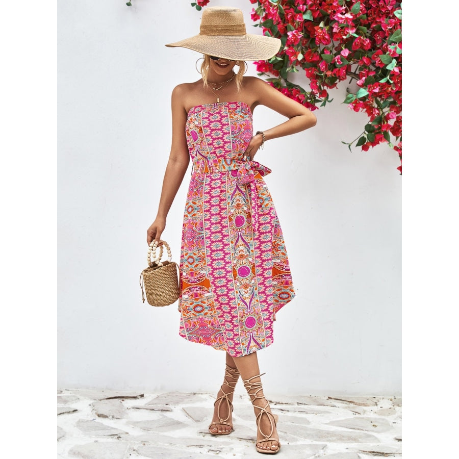 Printed Strapless Tie Belt Dress