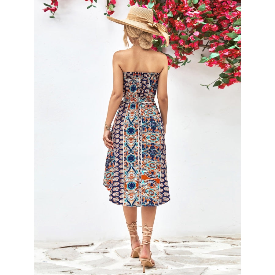 Printed Strapless Tie Belt Dress