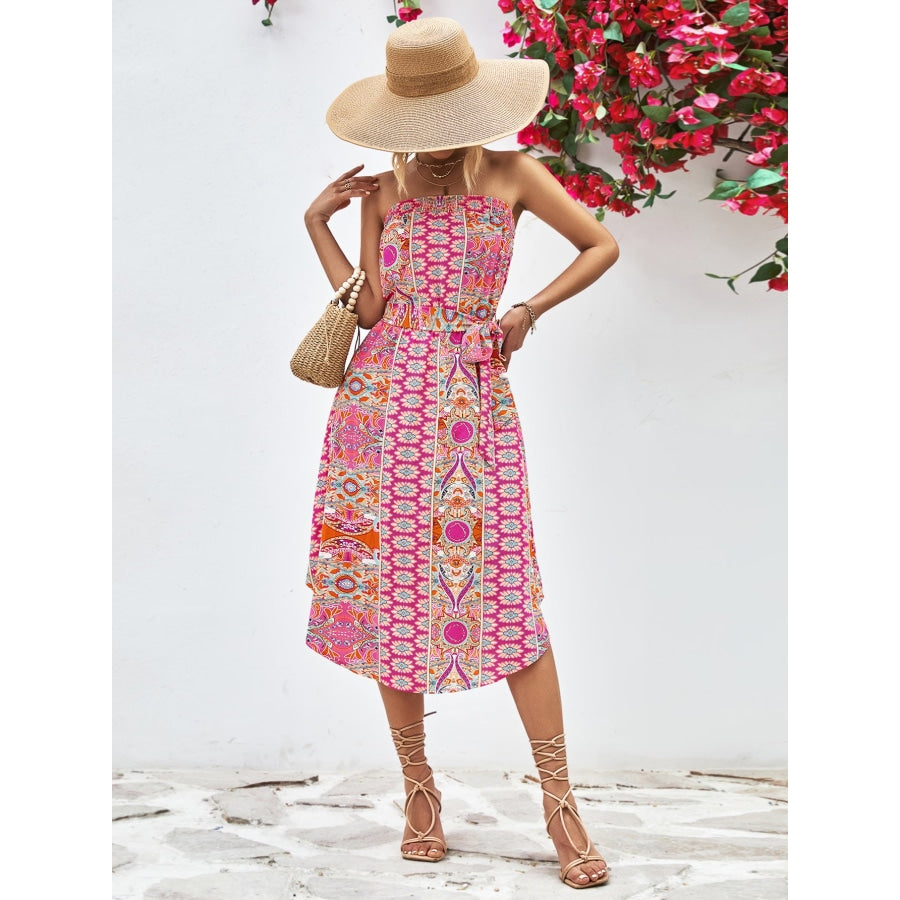 Printed Strapless Tie Belt Dress