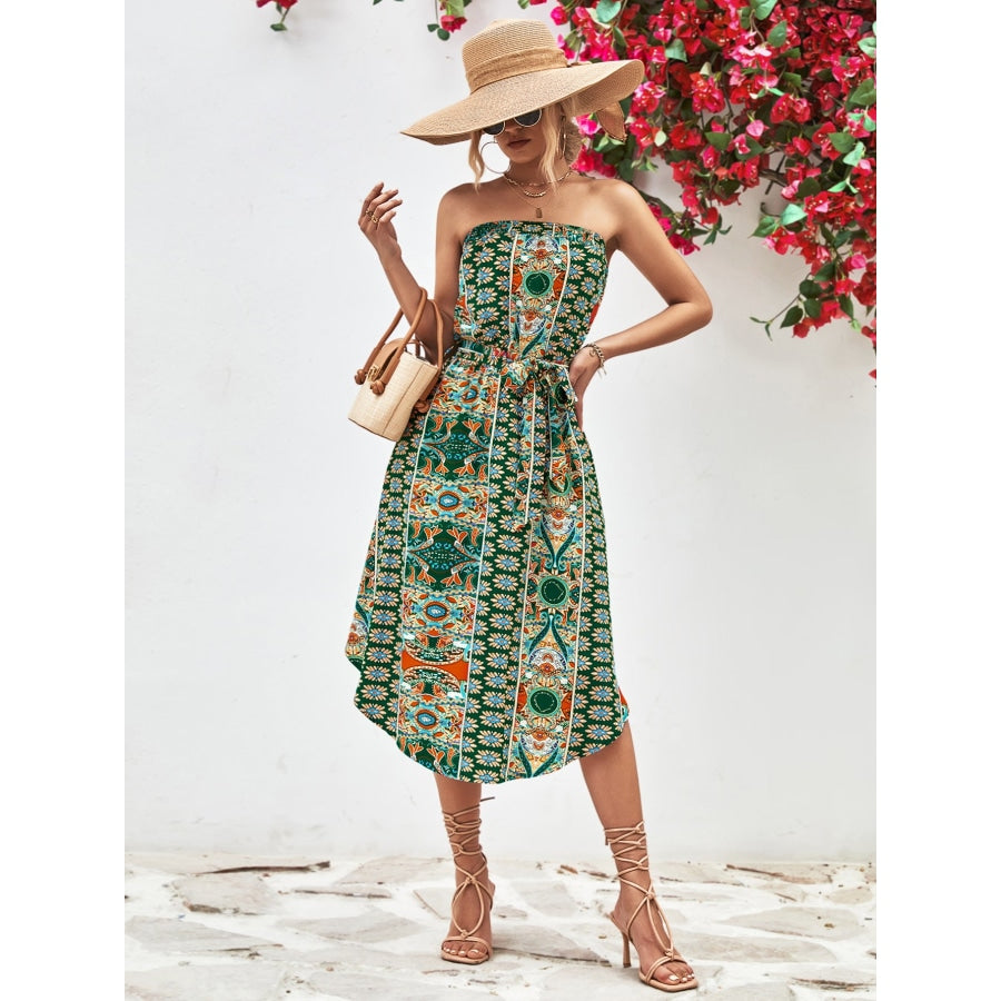 Printed Strapless Tie Belt Dress