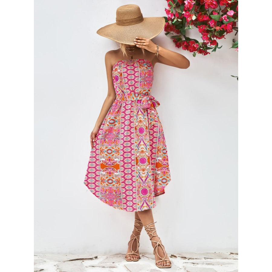 Printed Strapless Tie Belt Dress