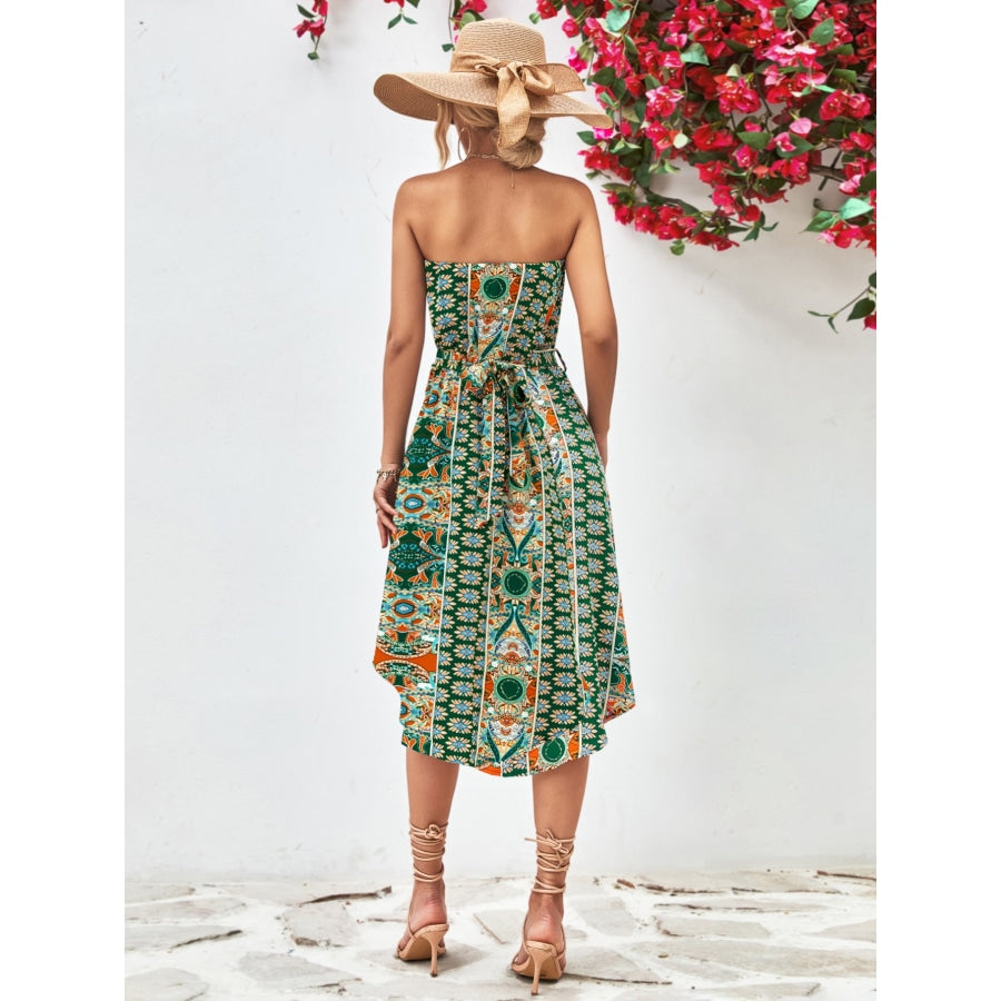 Printed Strapless Tie Belt Dress