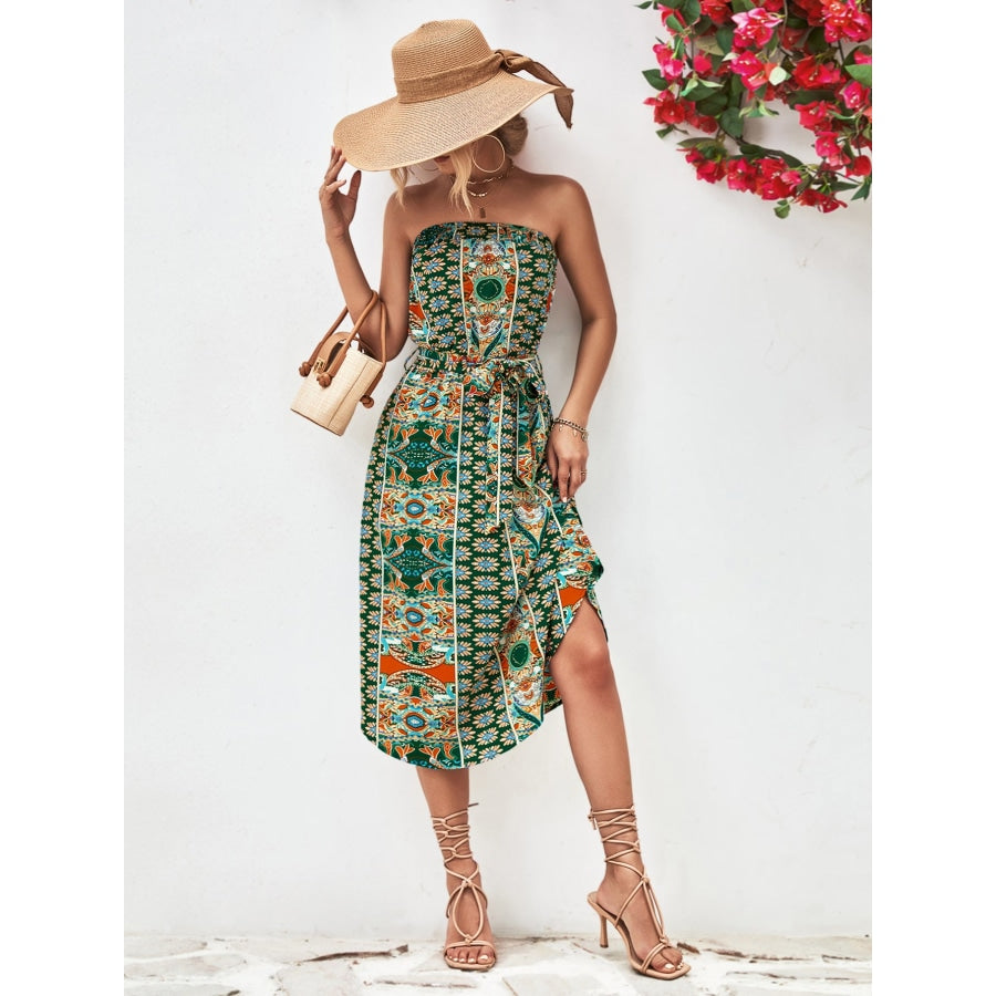 Printed Strapless Tie Belt Dress