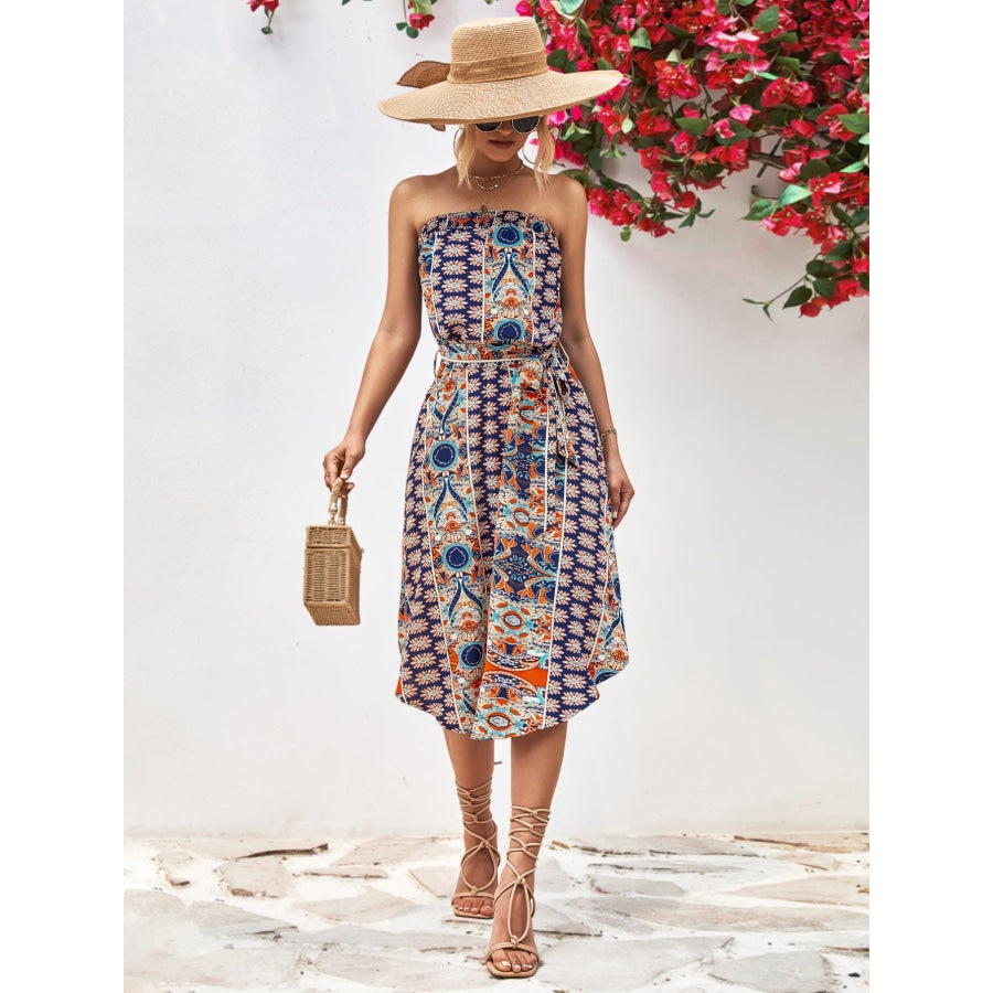 Printed Strapless Tie Belt Dress