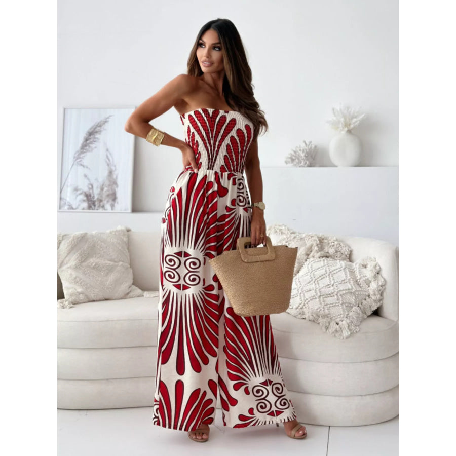 Printed Strapless Wide-Leg Jumpsuit Burgundy / S Apparel and Accessories