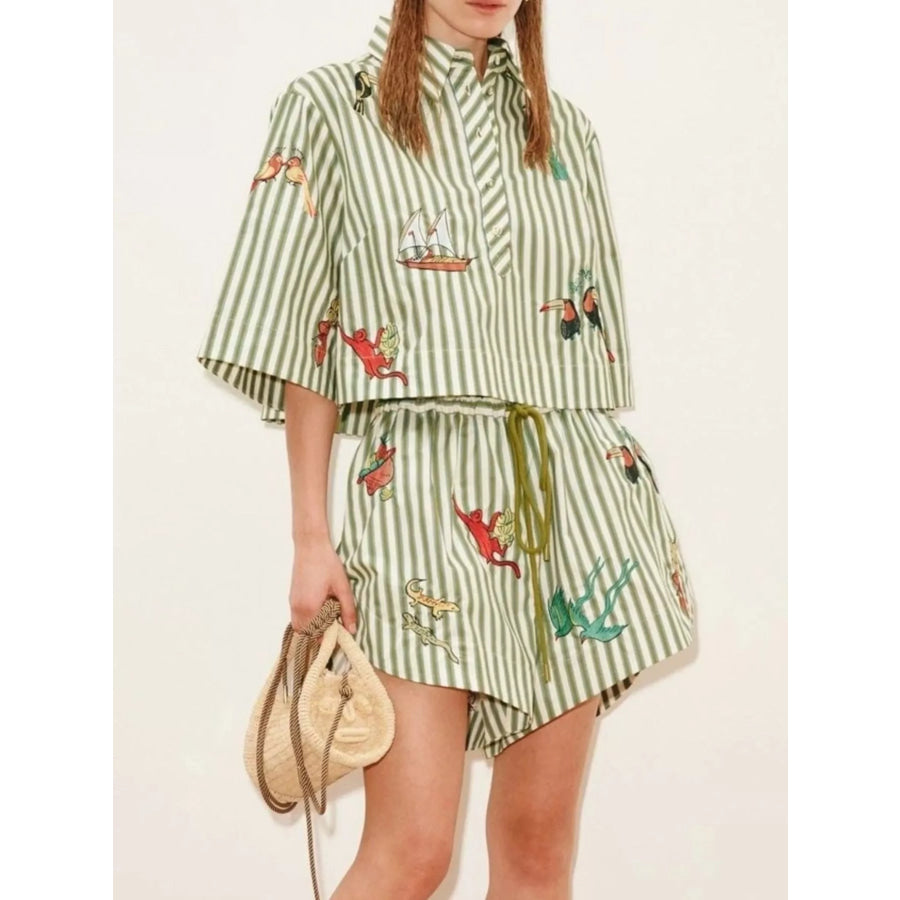 Printed Striped Shirt and Shorts Set Stripe / S Apparel and Accessories