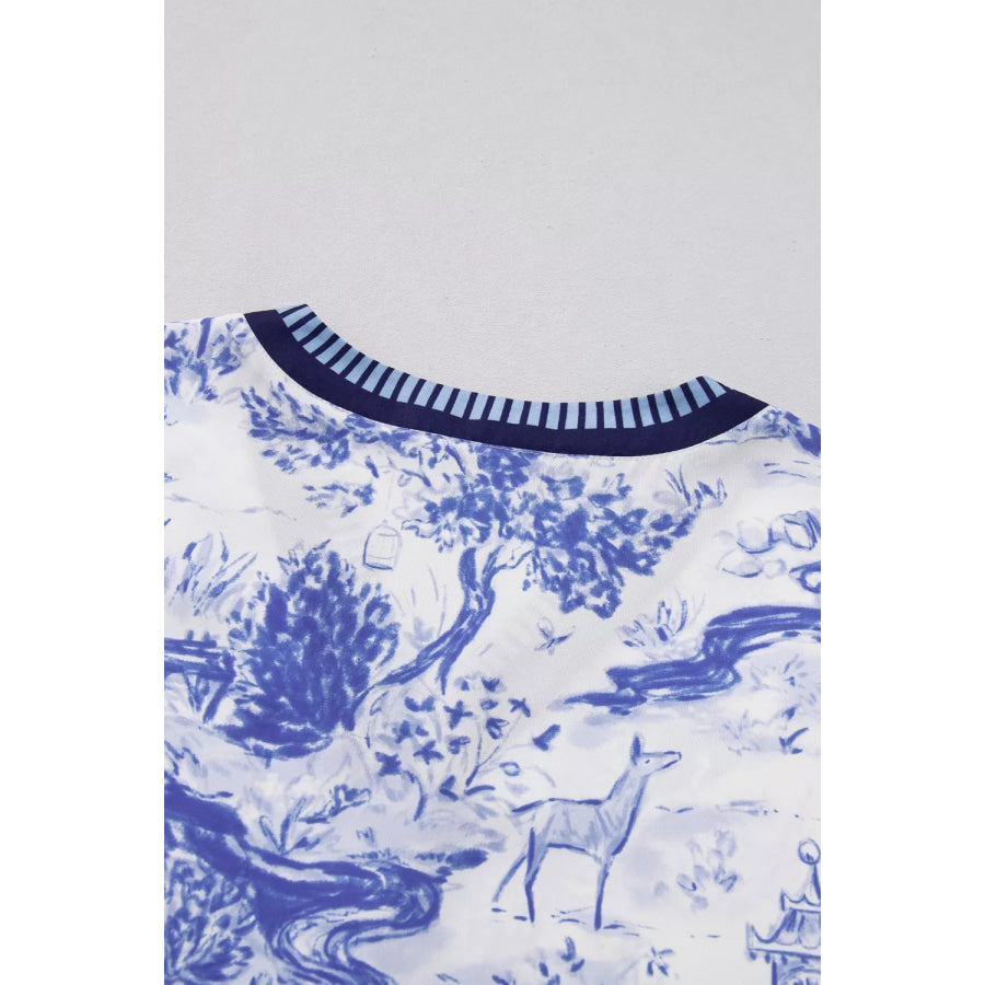 Printed Striped Trim V-Neck Blouse Apparel and Accessories