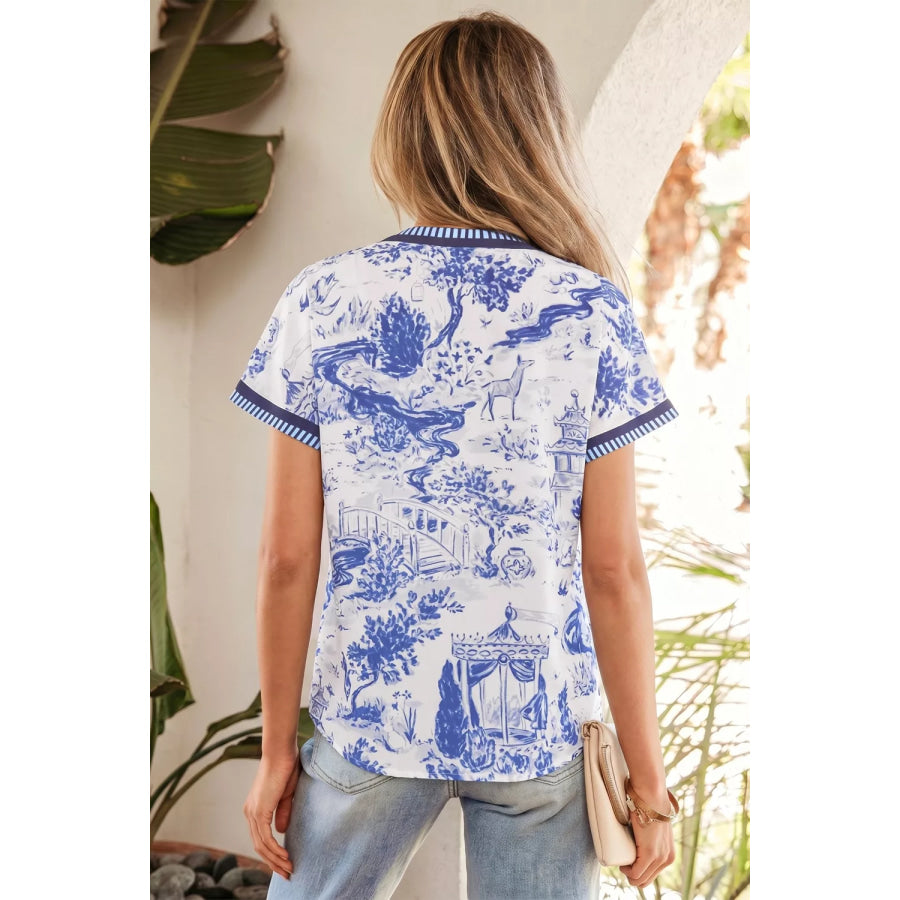 Printed Striped Trim V-Neck Blouse Apparel and Accessories