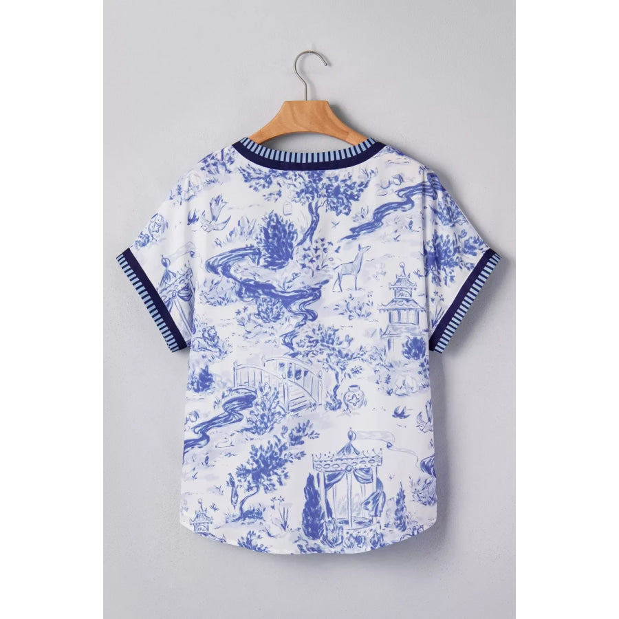 Printed Striped Trim V-Neck Blouse Apparel and Accessories