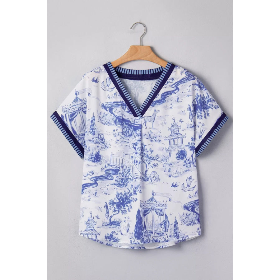 Printed Striped Trim V-Neck Blouse Apparel and Accessories