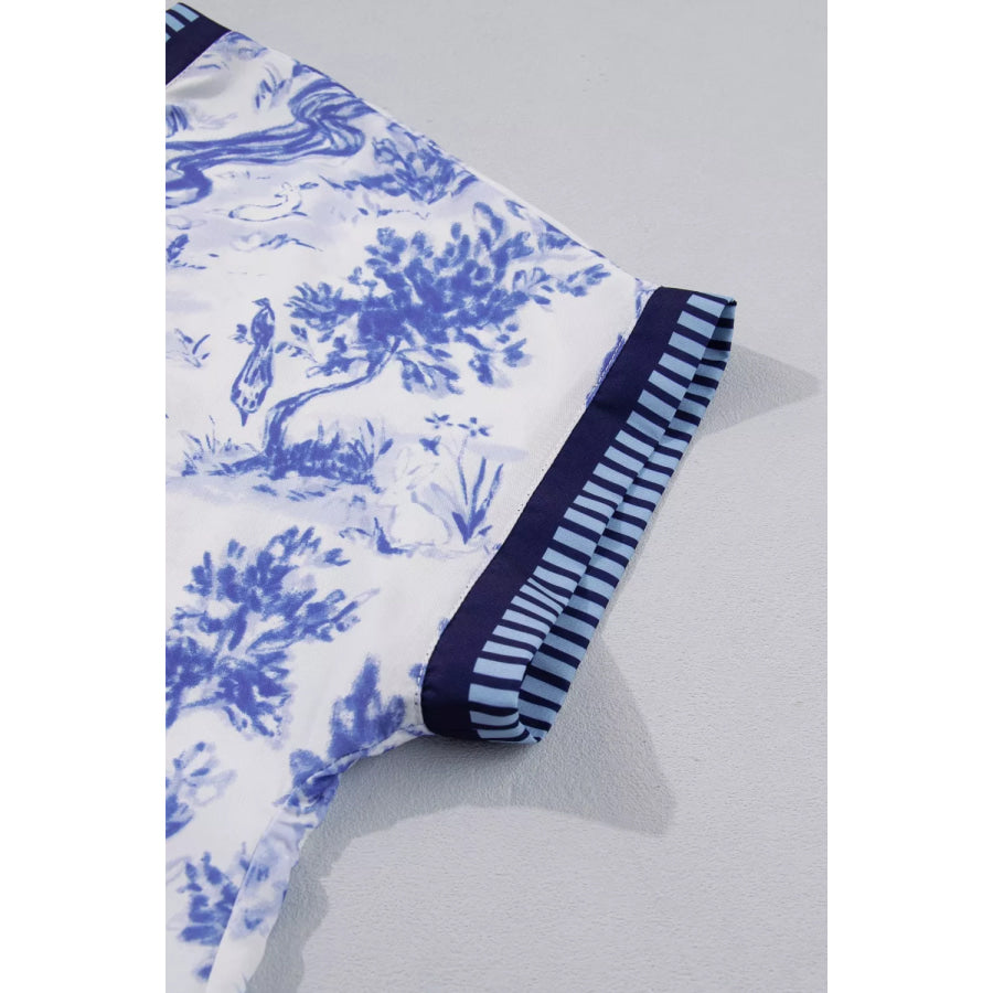 Printed Striped Trim V-Neck Blouse Apparel and Accessories