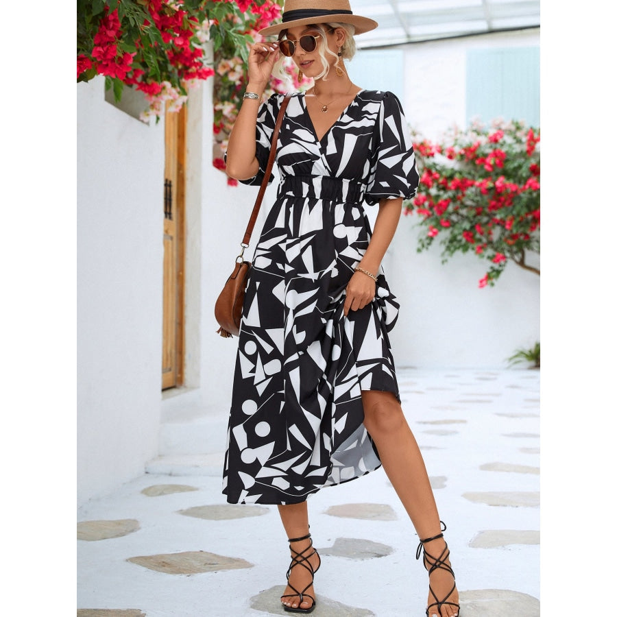 Printed Surplice Balloon Sleeve Dress Black / S