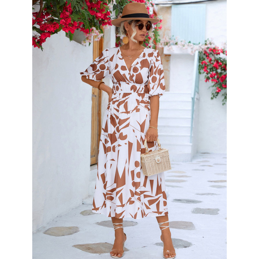 Printed Surplice Balloon Sleeve Dress Brown/White / S