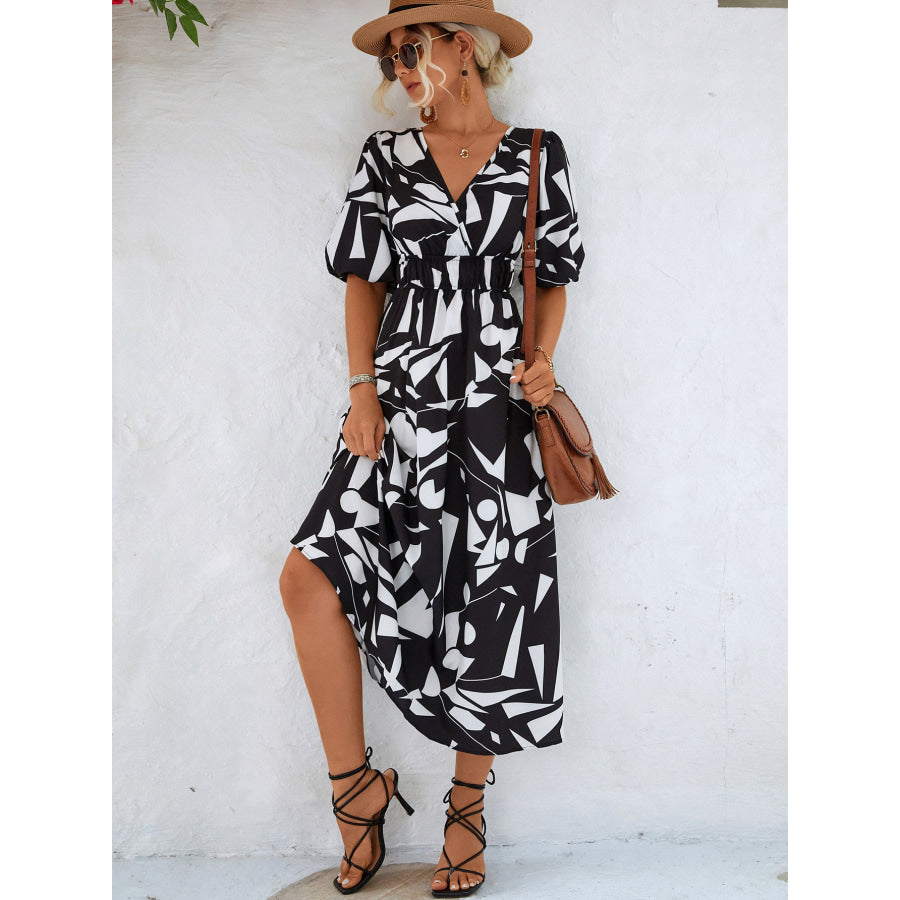 Printed Surplice Balloon Sleeve Dress