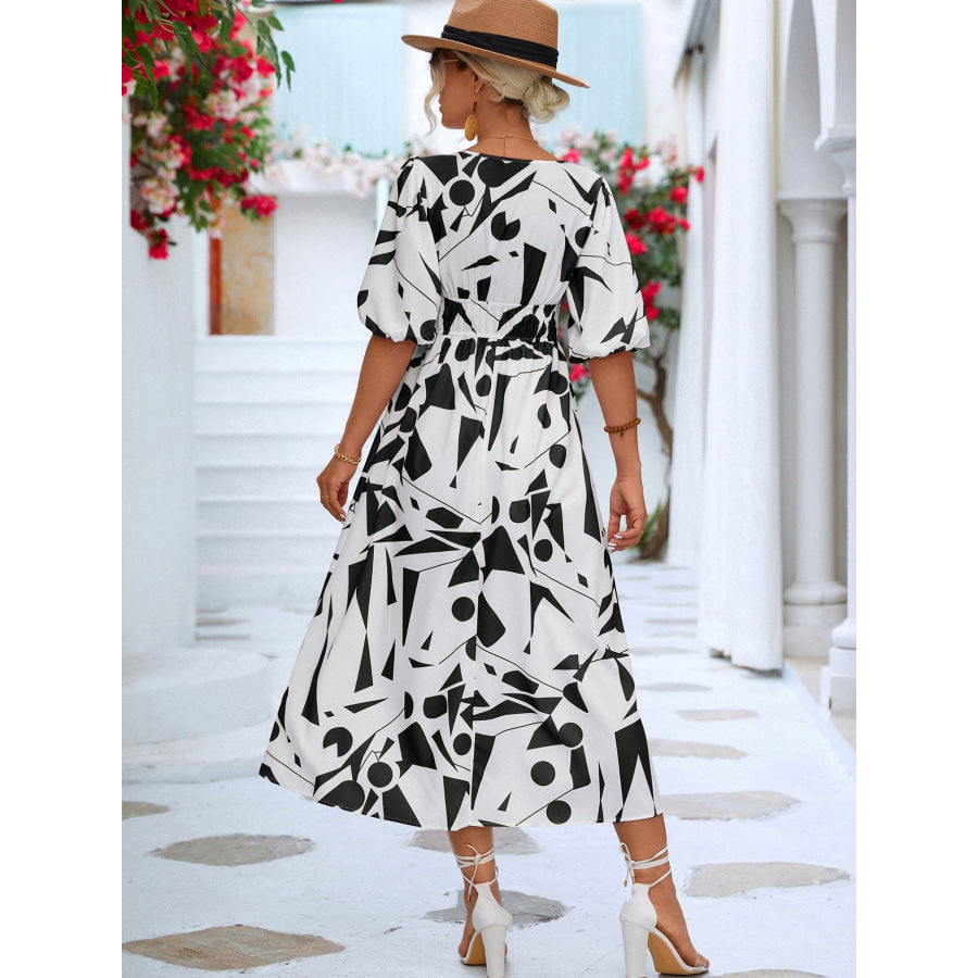 Printed Surplice Balloon Sleeve Dress