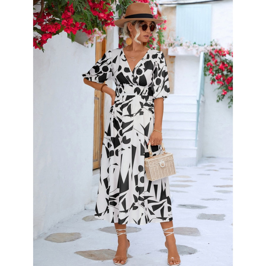 Printed Surplice Balloon Sleeve Dress