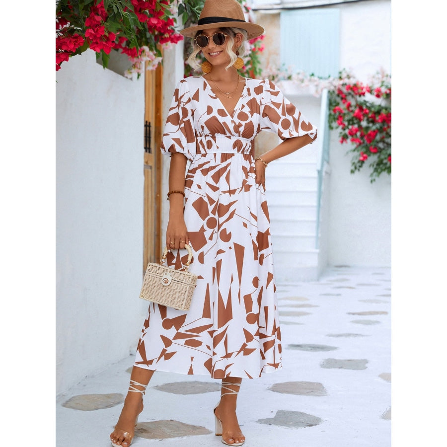 Printed Surplice Balloon Sleeve Dress