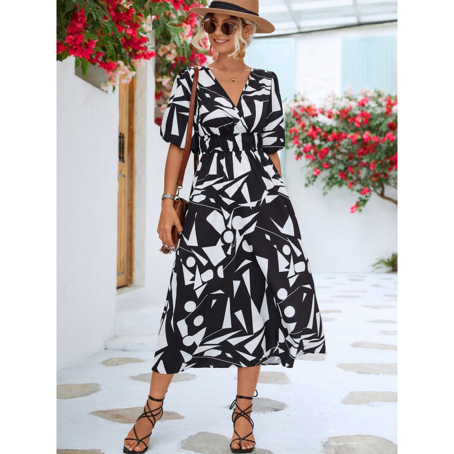 Printed Surplice Balloon Sleeve Dress