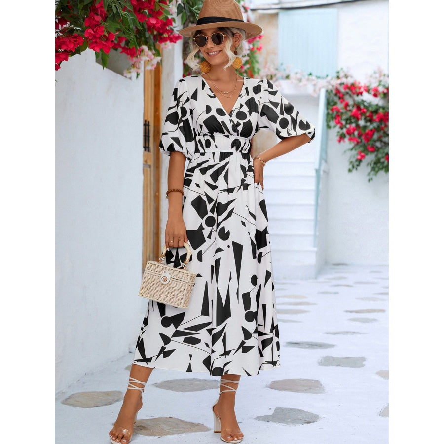 Printed Surplice Balloon Sleeve Dress White/Black / S