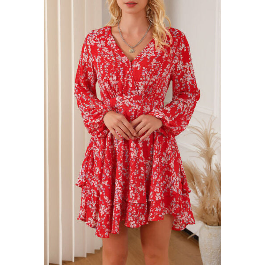 Printed Surplice Balloon Sleeve Layered Dress Deep Red / M Apparel and Accessories