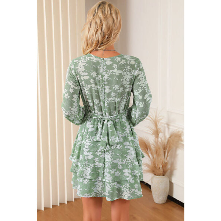 Printed Surplice Balloon Sleeve Mini Dress Apparel and Accessories