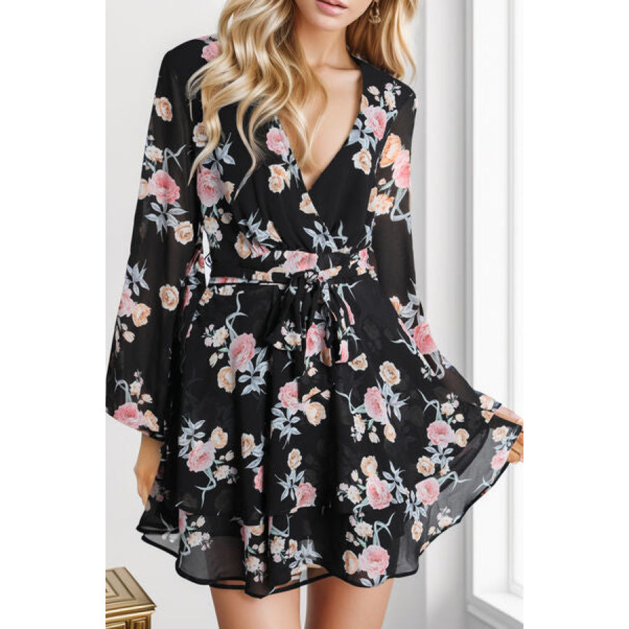 Printed Surplice Balloon Sleeve Mini Dress Apparel and Accessories