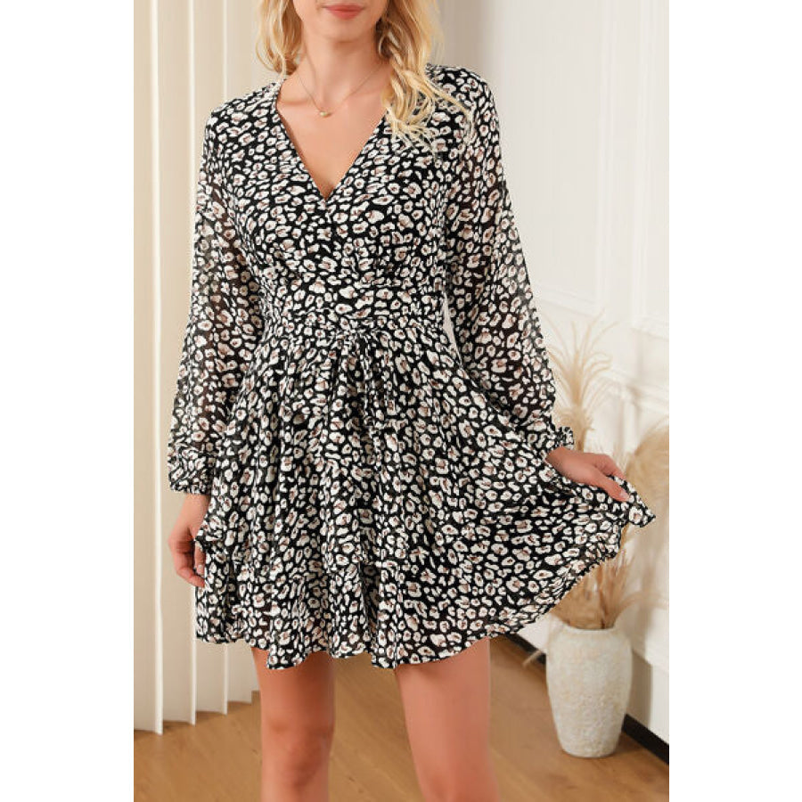 Printed Surplice Balloon Sleeve Mini Dress Apparel and Accessories