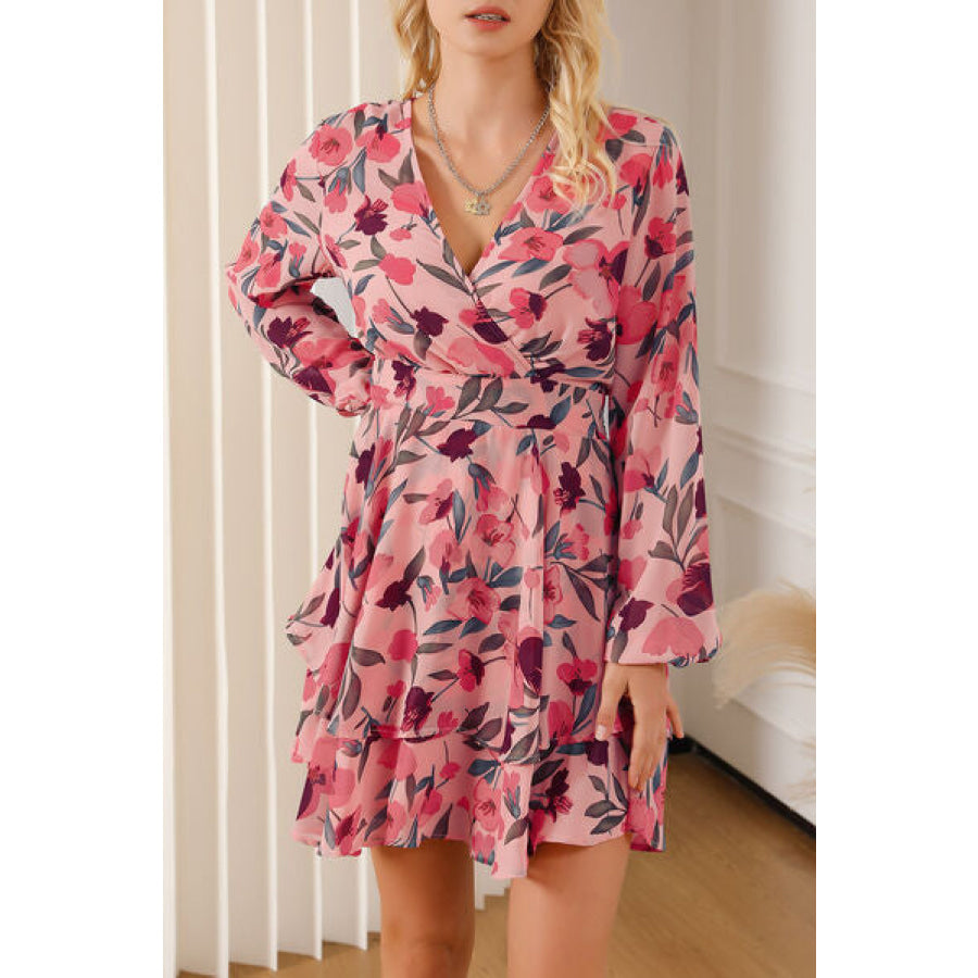 Printed Surplice Balloon Sleeve Mini Dress Apparel and Accessories