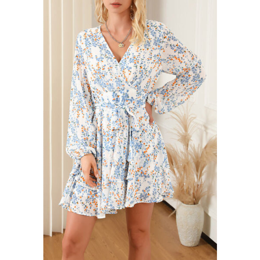 Printed Surplice Balloon Sleeve Mini Dress Floral / S Apparel and Accessories