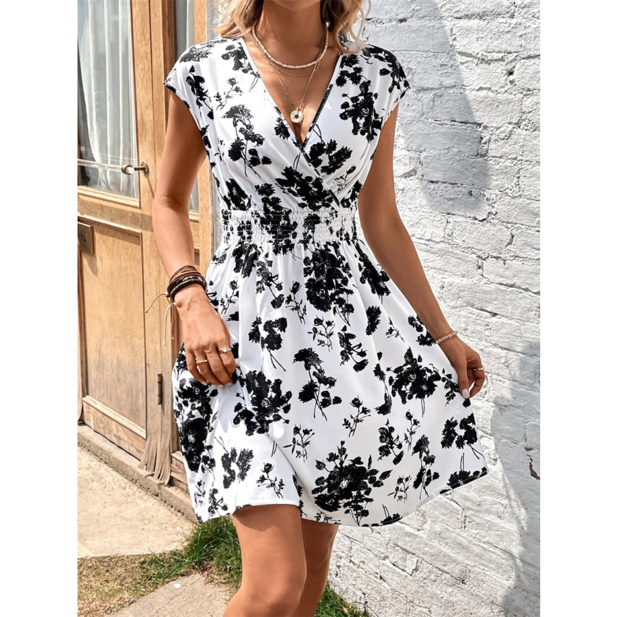 Printed Surplice Cap Sleeve Dress White / S Apparel and Accessories