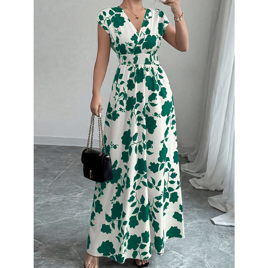 Printed Surplice Cap Sleeve Maxi Dress Dark Green / S Apparel and Accessories