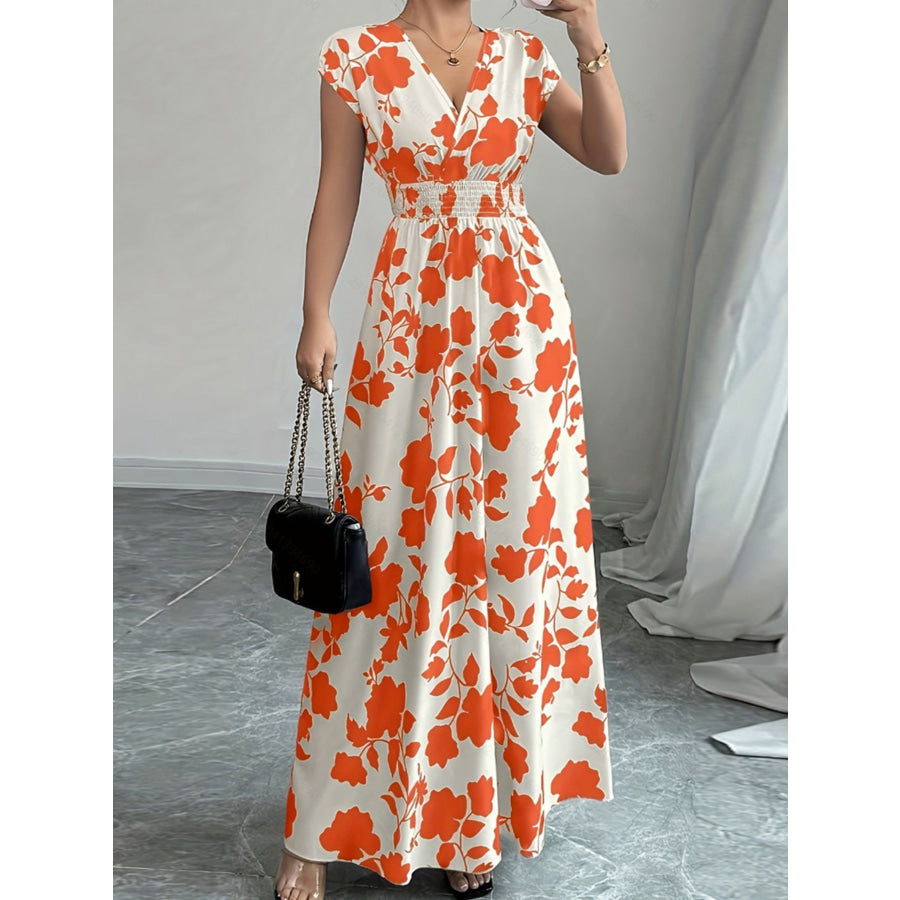 Printed Surplice Cap Sleeve Maxi Dress Orange-Red / S Apparel and Accessories