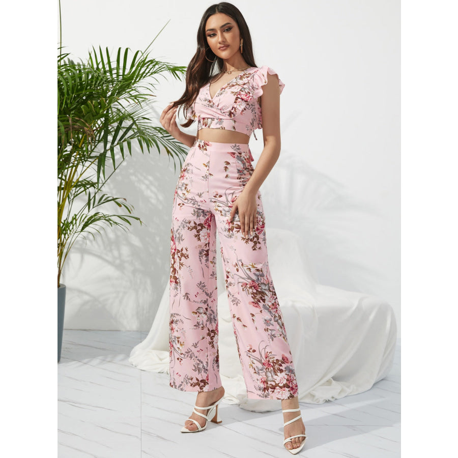 Printed Surplice Cap Sleeve Top and Pants Set Apparel Accessories