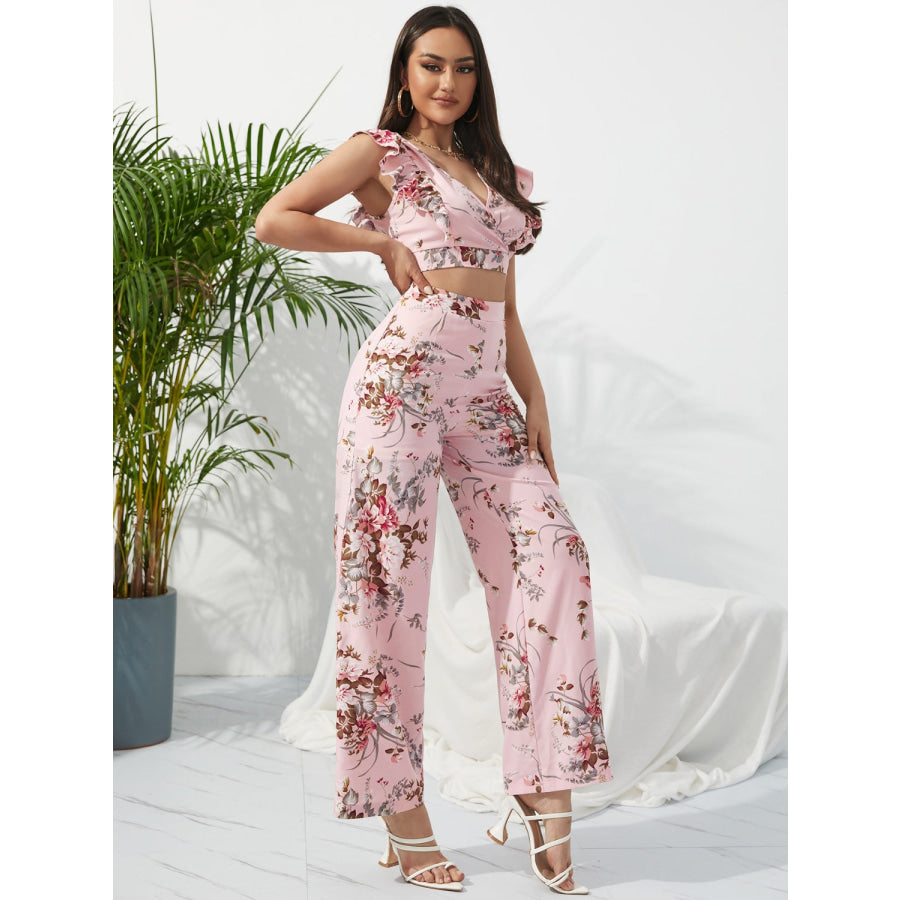 Printed Surplice Cap Sleeve Top and Pants Set Apparel Accessories