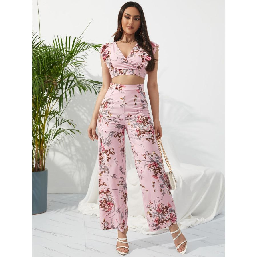 Printed Surplice Cap Sleeve Top and Pants Set Blush Pink / S Apparel Accessories