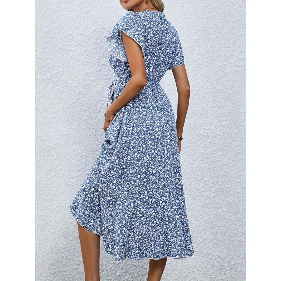 Printed Surplice Flutter Sleeve Midi Dress Blue / S Apparel and Accessories