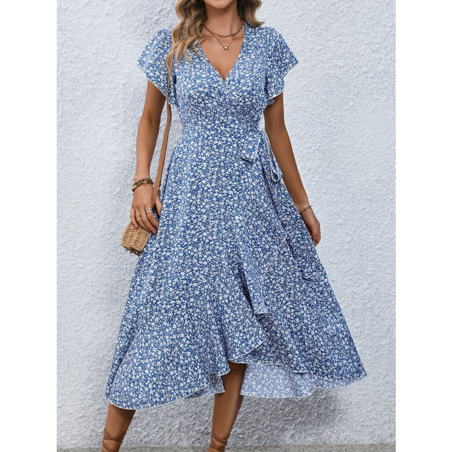 Printed Surplice Flutter Sleeve Midi Dress Blue / S Apparel and Accessories