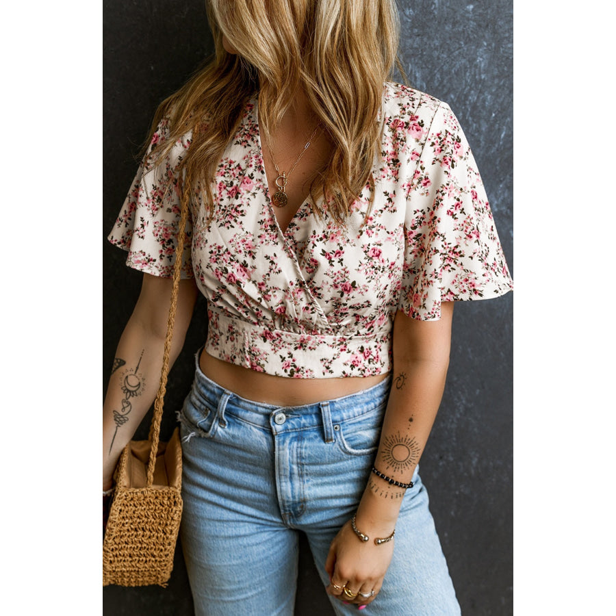 Printed Surplice Half Sleeve Blouse Apparel and Accessories