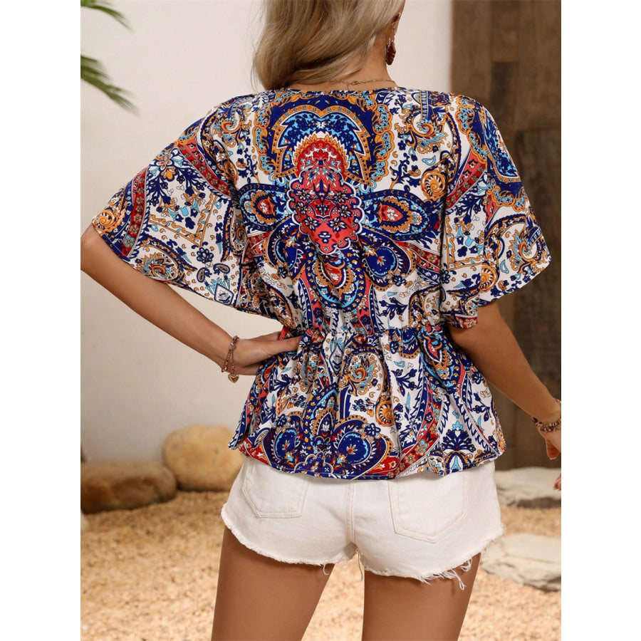 Printed Surplice Half Sleeve Blouse Apparel and Accessories