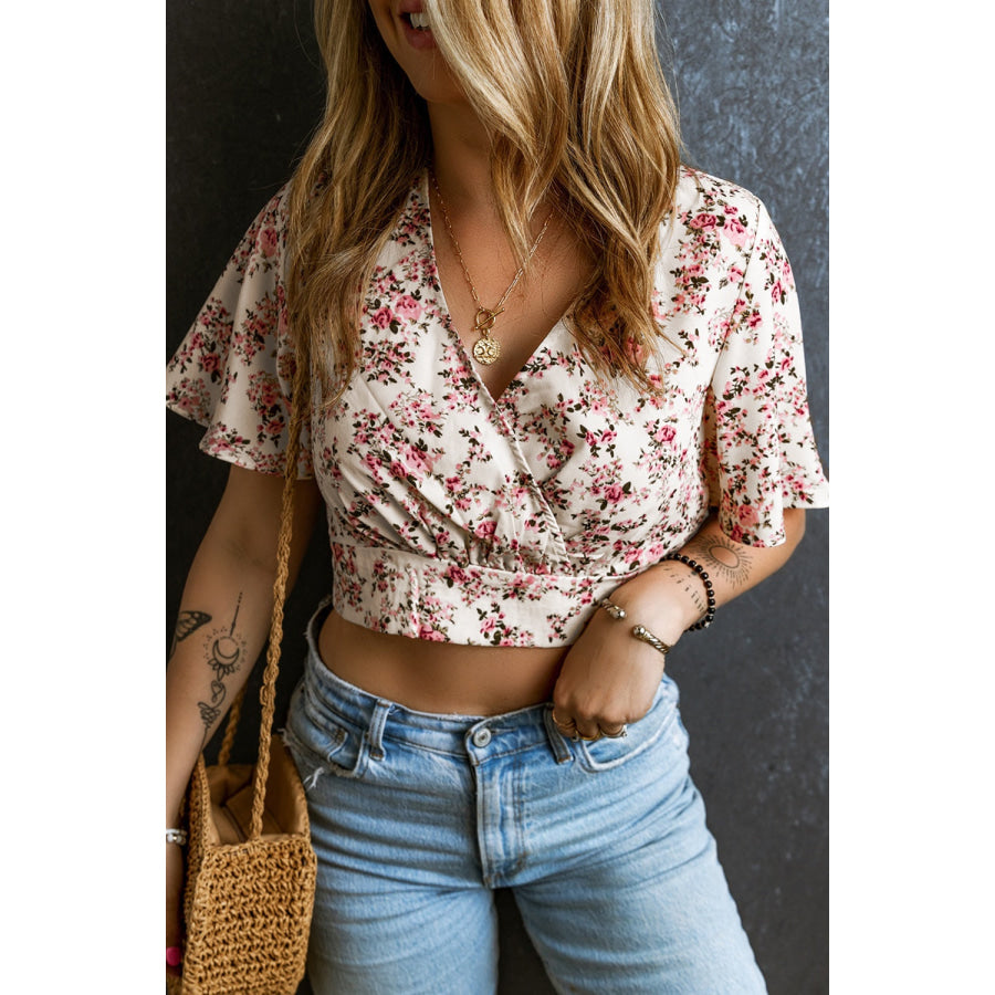 Printed Surplice Half Sleeve Blouse Apparel and Accessories