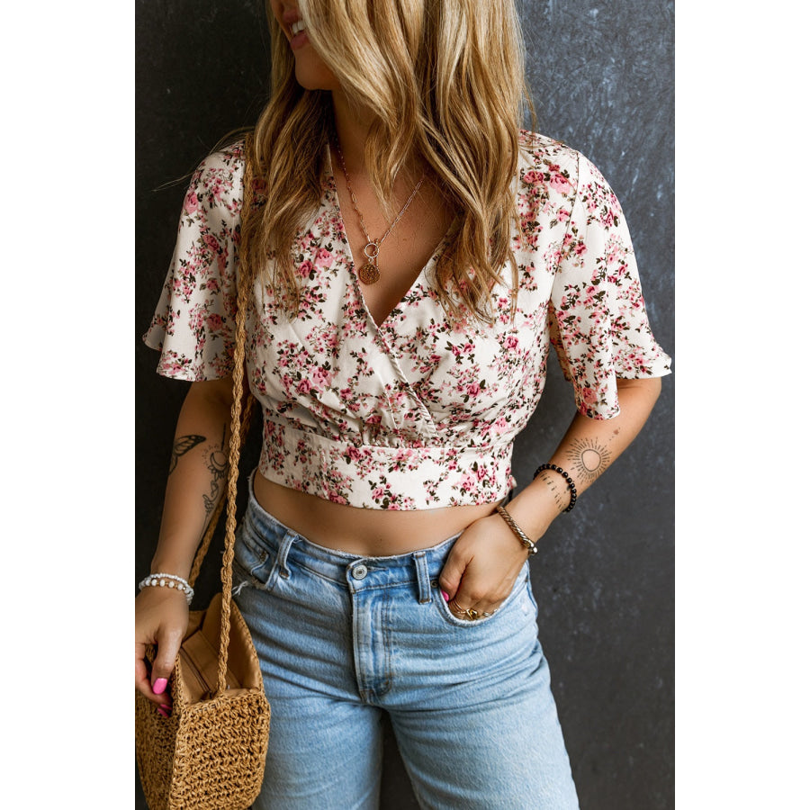 Printed Surplice Half Sleeve Blouse Floral / S Apparel and Accessories