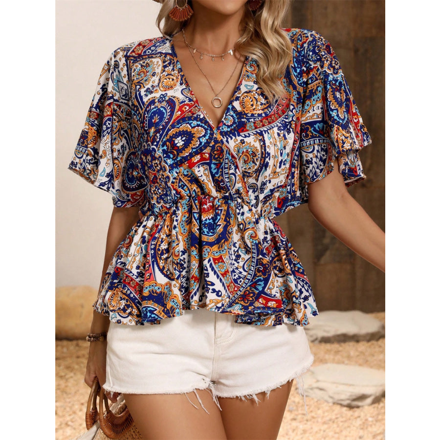 Printed Surplice Half Sleeve Blouse Royal Blue / S Apparel and Accessories