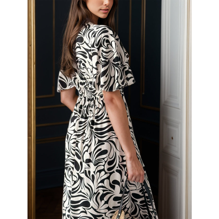 Printed Surplice Half Sleeve Midi Dress Black / S Apparel and Accessories