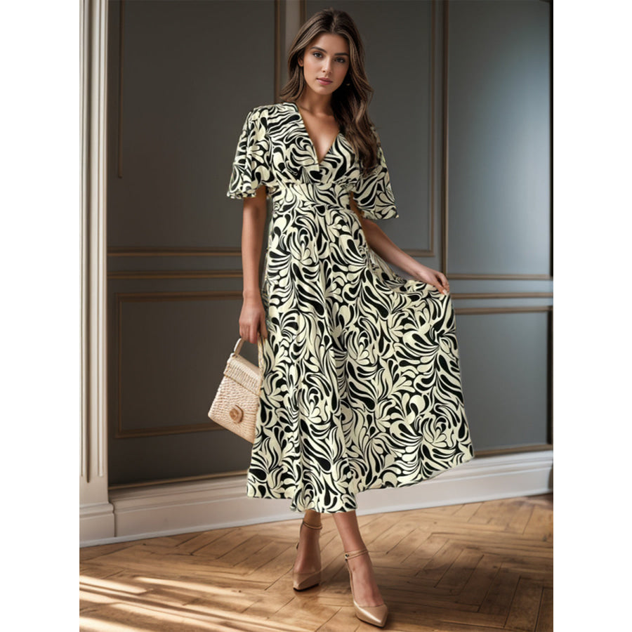 Printed Surplice Half Sleeve Midi Dress Black / S Apparel and Accessories