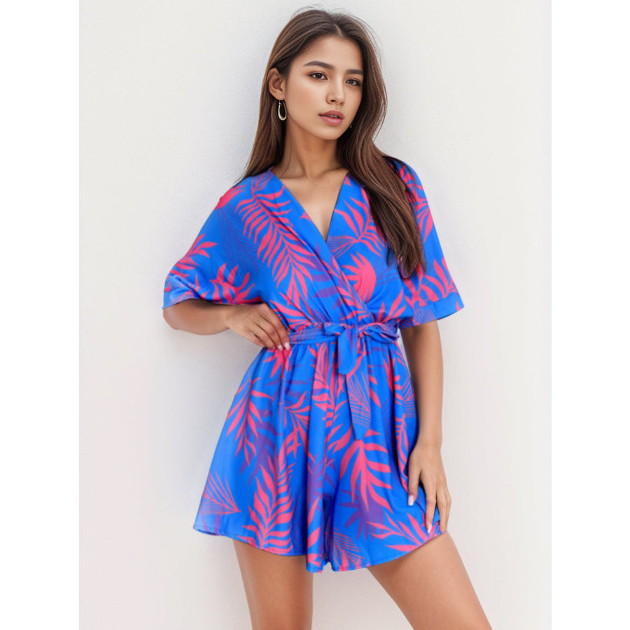 Printed Surplice Half Sleeve Romper Ultra marine / S Apparel and Accessories