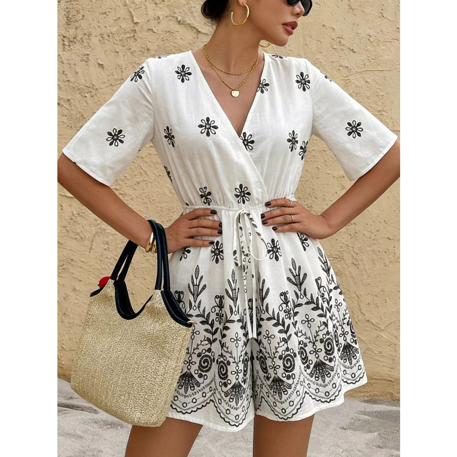 Printed Surplice Half Sleeve Romper White / S Apparel and Accessories